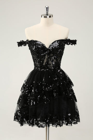 Vestido de cóctel de encaje con corsé escalonado y hombros descubiertos en negro brillante